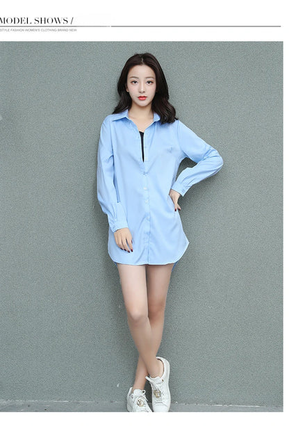 Mid-Length White Shirt Women BF Sexy Shirt Pajamas Female Skirt Ladies Tops Loose 2023 Autumn Clothing Women Shirts and Blouses