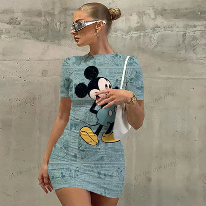 Elegant Dresses for Women 2023 Top Sexy Slim Fit Tight Women's Dress Casual Disney Mickey Mouse Print Cartoon Fashion Print