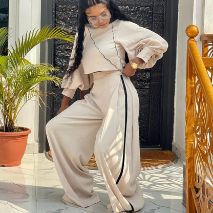 Lady Shopping Clothes Elegant Women's Top Pants Set with Lantern Sleeves High Waist Wide Leg Trousers Chic Office for Commuting