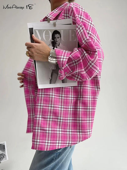 Mnealways18 Pink Brightly Plaid Shirts For Women Spring Summer 2024 Long Sleeves Classic Lapel Blouses And Tops Oversize Checked