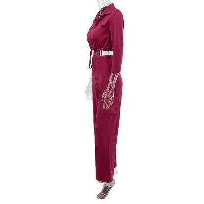 Elegant Women's Set Casual Drawstring Half Sleeve Short Blouse High Waist Straight Wide Leg Pant Suit Tracksuit Two Piece Outfit