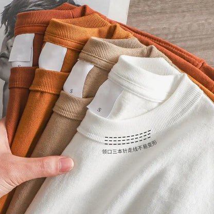 Japanese 320G Heavyweight Short Sleeve T-shirt Men's Summer Pure Cotton Thick Neckline Pure White Half Sleeve T-shirt