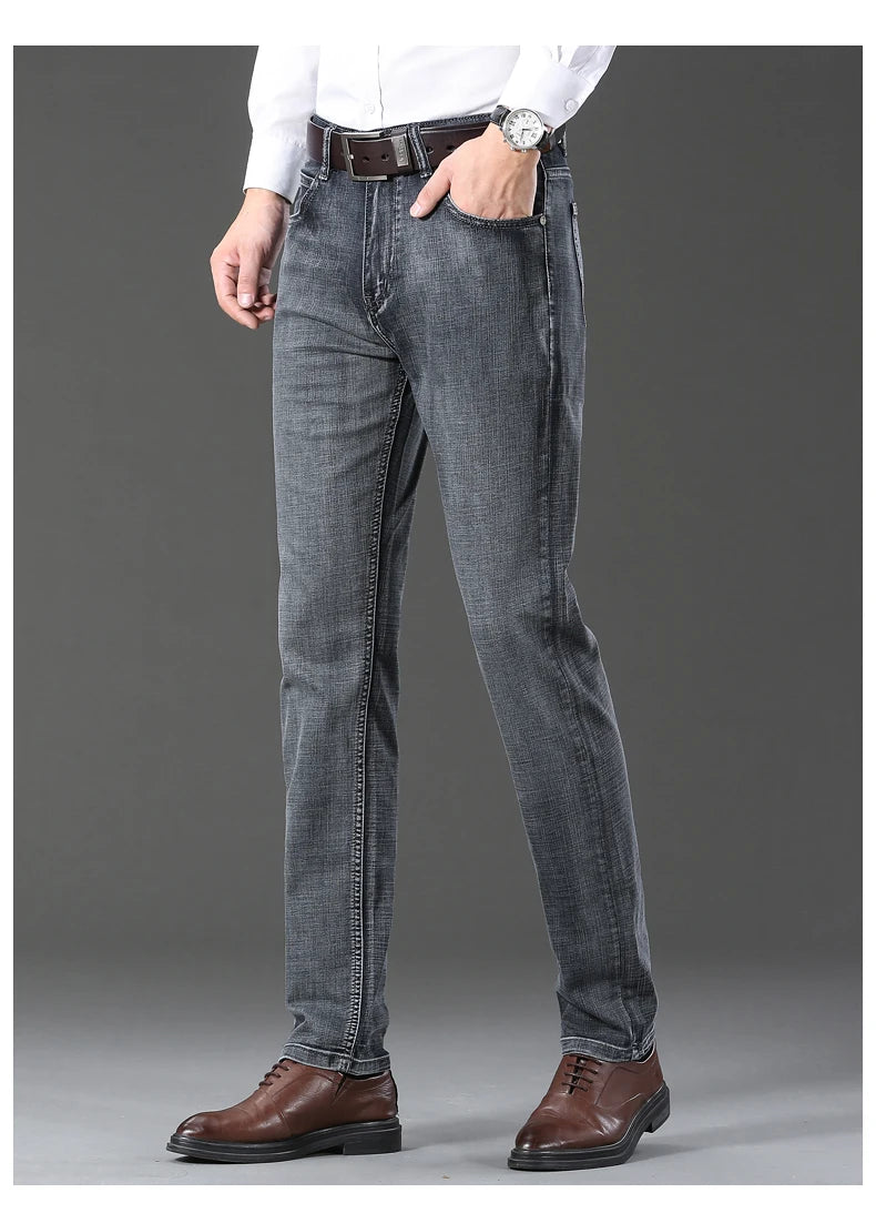 20234 Brand Men's Stretch Loose Straight Fit Jeans Men's Business Casual Denim Pants Brand New Style Trousers Mens Wear Grey