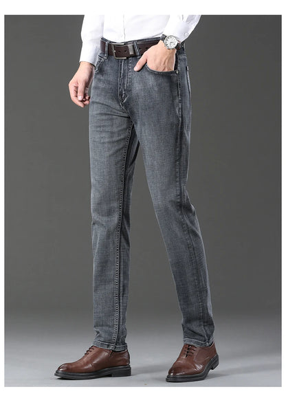 20234 Brand Men's Stretch Loose Straight Fit Jeans Men's Business Casual Denim Pants Brand New Style Trousers Mens Wear Grey