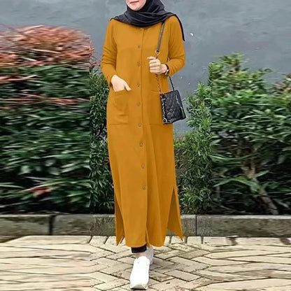 2024 Vintage Long Dress for Women Muslim Abaya Hajib Long Sleeve O-Neck Shirt Dress Females Casual Maxi Dress Arabic Modest Robe