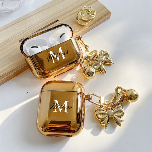 Luxury Gold Plating Earphone Case For Airpods 2 Pro Personalized Letters Logo Customized With Bow Keychain Soft Protective Cover