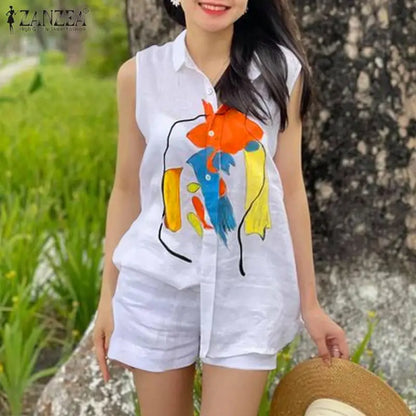 Elegant OL Work Short Sets ZANZEA 2pcs Women Outfits Summer Sleeveless Vest Tops Loose Pant Sets Casual Printed Tracksuits 2024