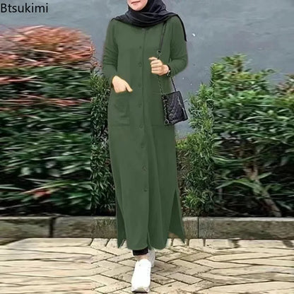 2024 Vintage Long Dress for Women Muslim Abaya Hajib Long Sleeve O-Neck Shirt Dress Females Casual Maxi Dress Arabic Modest Robe