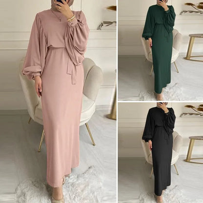 New Elegant Simple Lace-up Muslim Dress Long Sleeve Solid Color Sundress Robe Modest Muslim Robe Dress