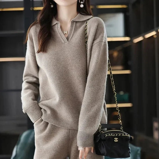 Knitted Suit Women's 2024 New Fashion Autumn Winter Long-sleeved Lapel Sweater+Wide leg pants Female Loose Casual Two-piece Sets