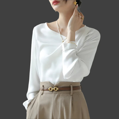 Satin Women's Shirts New Silk Solid Casual Blouses Loose Spring/Summer Ladies Clothing FASHION Long Sleeves White Tops