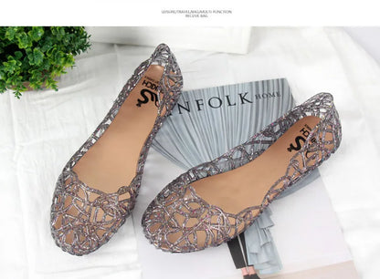 Summer women sandals flat-soled crystal clogs hollow flat-soled slip-ons shallow mouth Roman jelly shoes beach sandals