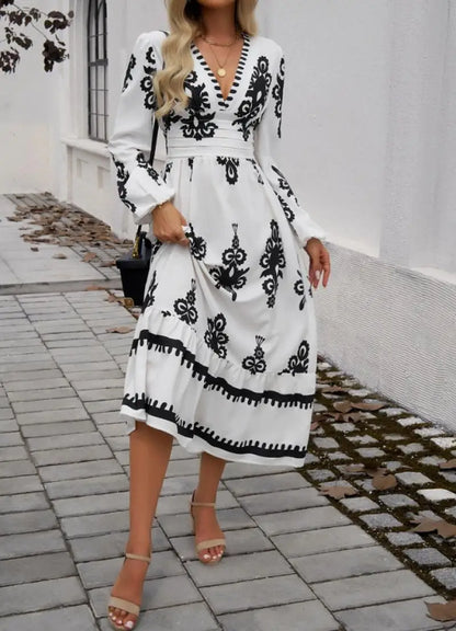 Elegant Dresses Women Summer 2024 Autumn Casual Tribal Ethnic Print V-Neck Long Sleeved High Waist Elegant Vacation A-Line Dress