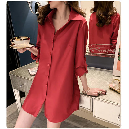 Mid-Length White Shirt Women BF Sexy Shirt Pajamas Female Skirt Ladies Tops Loose 2023 Autumn Clothing Women Shirts and Blouses