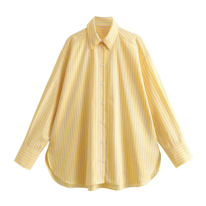 TRAF 2024 Spring New Product Women's Casual Loose Lapel Long sleeved Yellow Striped Poplin Single breasted Shirt