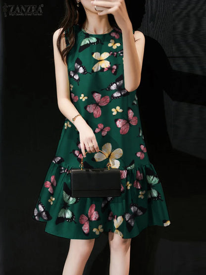 ZANZEA Fashion Women Floral Printed Knee-length Sundress Summer Sleeveless Bohemian Vintage Ruffles Vestido Beach Party Dress