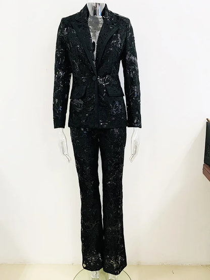 HIGH STREET Newest 2024 Designer Runway Suit Set Women's Single Button Guipure Lace Sequined Blazer Pants Suit