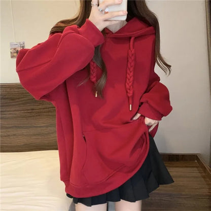 QWEEK Korean Style Hooded Sweatshirts Christmas Red Women's Hoodie Oversize Long Sleeve Pullovers Autumn Winter Warm Fashion New