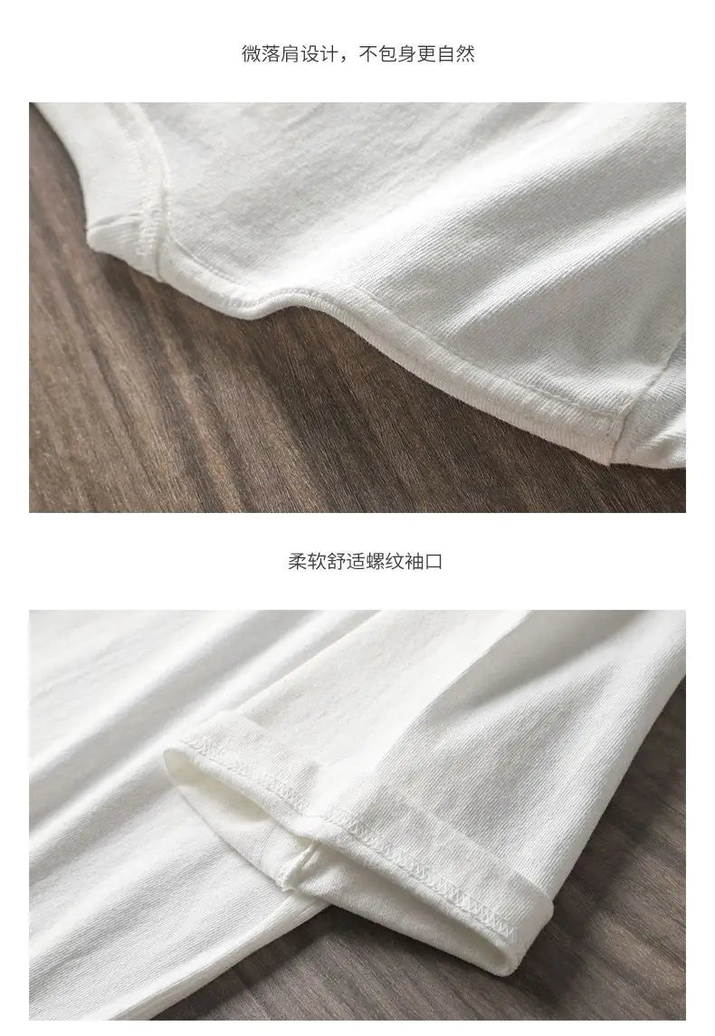 Japanese 320G Heavyweight Short Sleeve T-shirt Men's Summer Pure Cotton Thick Neckline Pure White Half Sleeve T-shirt