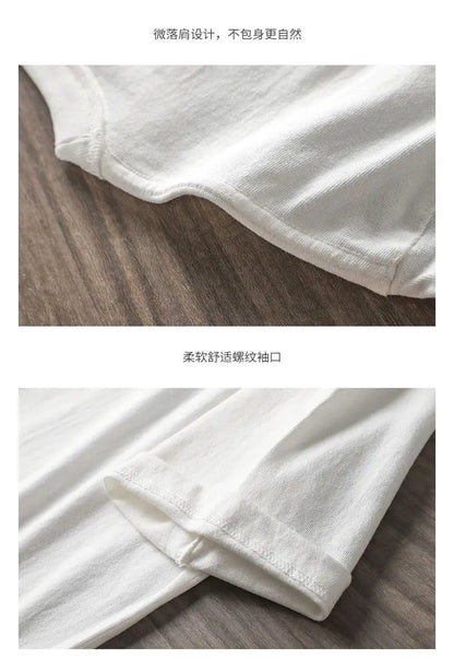 Japanese 320G Heavyweight Short Sleeve T-shirt Men's Summer Pure Cotton Thick Neckline Pure White Half Sleeve T-shirt