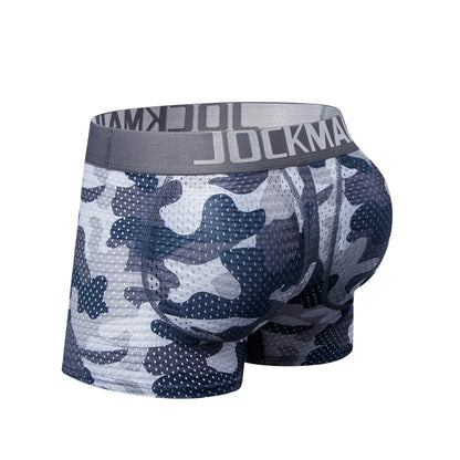 Men's Sexy Fashion Ice Silk Mesh Breathable Soft Comfortable Butt Lift Boxer Briefs Underwear Low Waist Camouflage Quick Dry