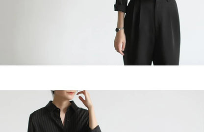 MEXZT Vintage Black Striped Shirts Women Office Long Sleeve Loose Casual Blouses Lady Korean Fashion Elegant Chic All Match Tops