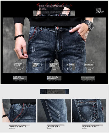 Men's Denim Jeans Classic Stretch Slim Straight-leg Trousers Casual All-match Pants Male Blue Black