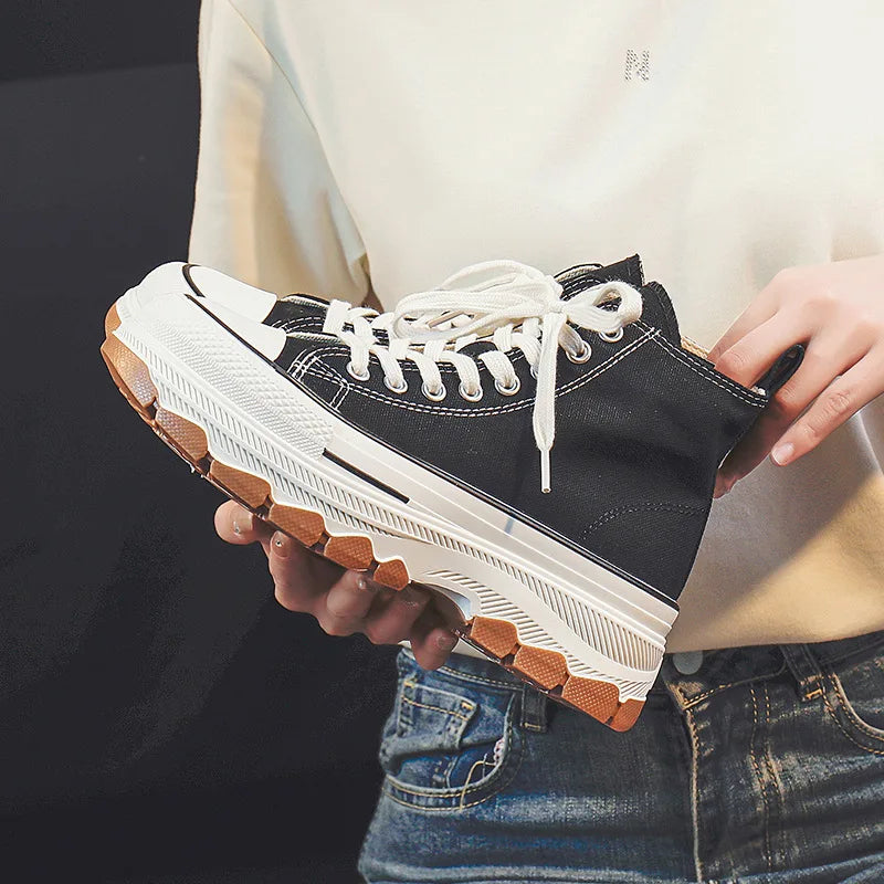 Trendy High Top Canvas Shoes for Women 2024 New Thick Sole Heightening Retro Simple Casual Vulcanized Shoes Zapatos De Mujer