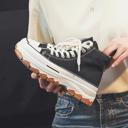 Trendy High Top Canvas Shoes for Women 2024 New Thick Sole Heightening Retro Simple Casual Vulcanized Shoes Zapatos De Mujer
