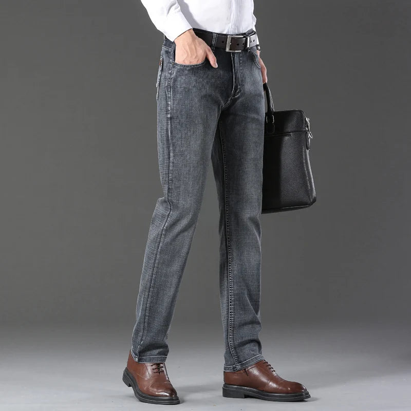 20234 Brand Men's Stretch Loose Straight Fit Jeans Men's Business Casual Denim Pants Brand New Style Trousers Mens Wear Grey
