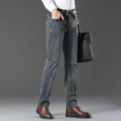 20234 Brand Men's Stretch Loose Straight Fit Jeans Men's Business Casual Denim Pants Brand New Style Trousers Mens Wear Grey