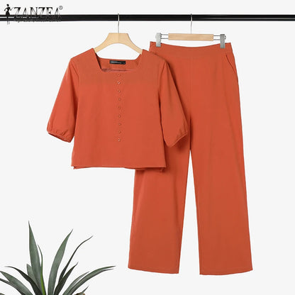 ZANZEA Elegant Summer Matching Sets Women Fashion Puff Sleeve Pant Sets 2PCS Solid OL Work Trousers Suits Tracksuit 2023