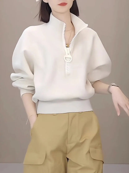 Fashion Stand Collar Zipper Solid Color Sweatshirts Women's Clothing 2023 Autumn Winter Loose Casual Tops Commuter Sweatshirts