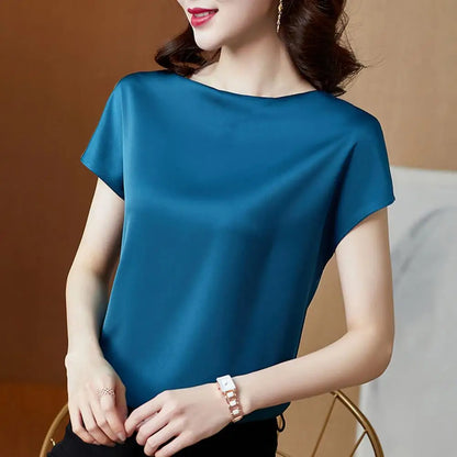 O Neck Lady T-shirt Blouse Spring Women Casual Solid Color Short Sleeve Blouses Shirts Loose Pullover Tunic Blusas Women Clothes