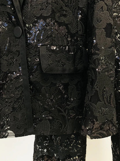 HIGH STREET Newest 2024 Designer Runway Suit Set Women's Single Button Guipure Lace Sequined Blazer Pants Suit