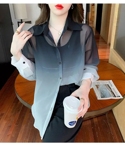Shirts Women Gradient Loose Leisure Summer Sunscreen Lapel Thin Soft Designed Breathable Korean Fashion Clothing Office Lady New