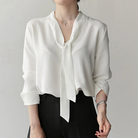 Pullover Blouse Summer Shirts for Women Korean Fashion Office Blouses blusas Autumn Long Sleeve Tie Bow Chiffon Formal Shirts
