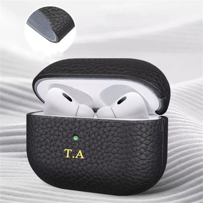 Personalized gold Initials Letters Customize Earphone Case For Airpods 1 2 3 Pro2 Luxury Lychee Skin Pattern With Keychain Cover