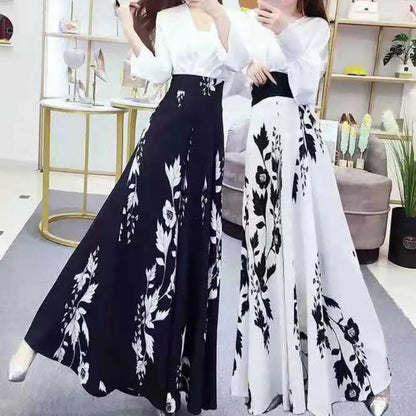 Women's Summer Long Pants Skirt Contrast Color Baggy Flower Print High Waist Slimming Plus Size Trousers Skirt Daily Clothes