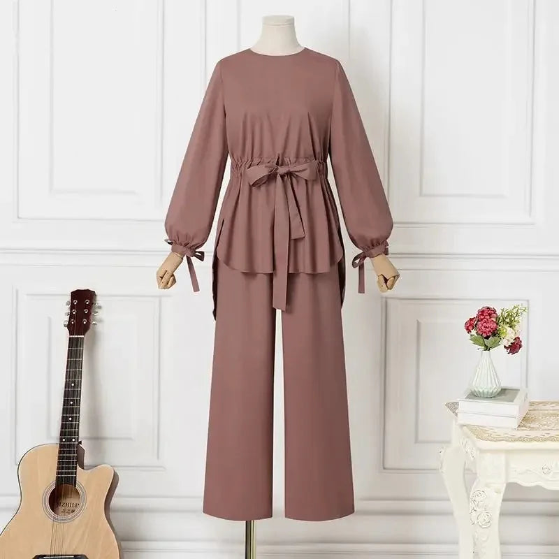 Eid Muslim Outfits Women Shirt Sashes Wide Leg Pants Suit Ramadan Morocco Dubai Islam 2 Piece Set Arab Jalabiya Modest Ensemble