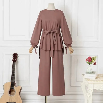 Eid Muslim Outfits Women Shirt Sashes Wide Leg Pants Suit Ramadan Morocco Dubai Islam 2 Piece Set Arab Jalabiya Modest Ensemble