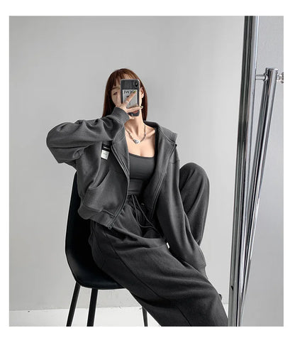 Harajuku Women Sweatshirts Korean Fashion Sportswear Female Zip Up Hoodies Vintage Streetwear Basic Casual Cropped Top Autumn