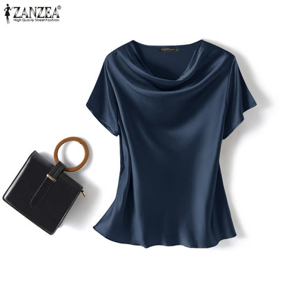 ZANZEA Women Short Sleeve Solid Shirt Summer Fashion Satin Blouse Female Casual OL Work Tunic Tops Elegant Loose Blsuas Oversize