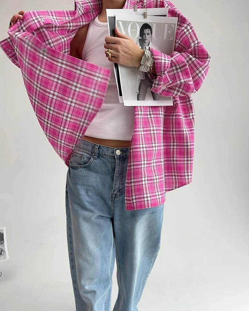 Mnealways18 Pink Brightly Plaid Shirts For Women Spring Summer 2024 Long Sleeves Classic Lapel Blouses And Tops Oversize Checked