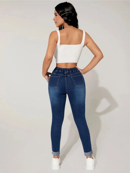 Women's winter High Stretch Elastic Waist Drawstring Jeans