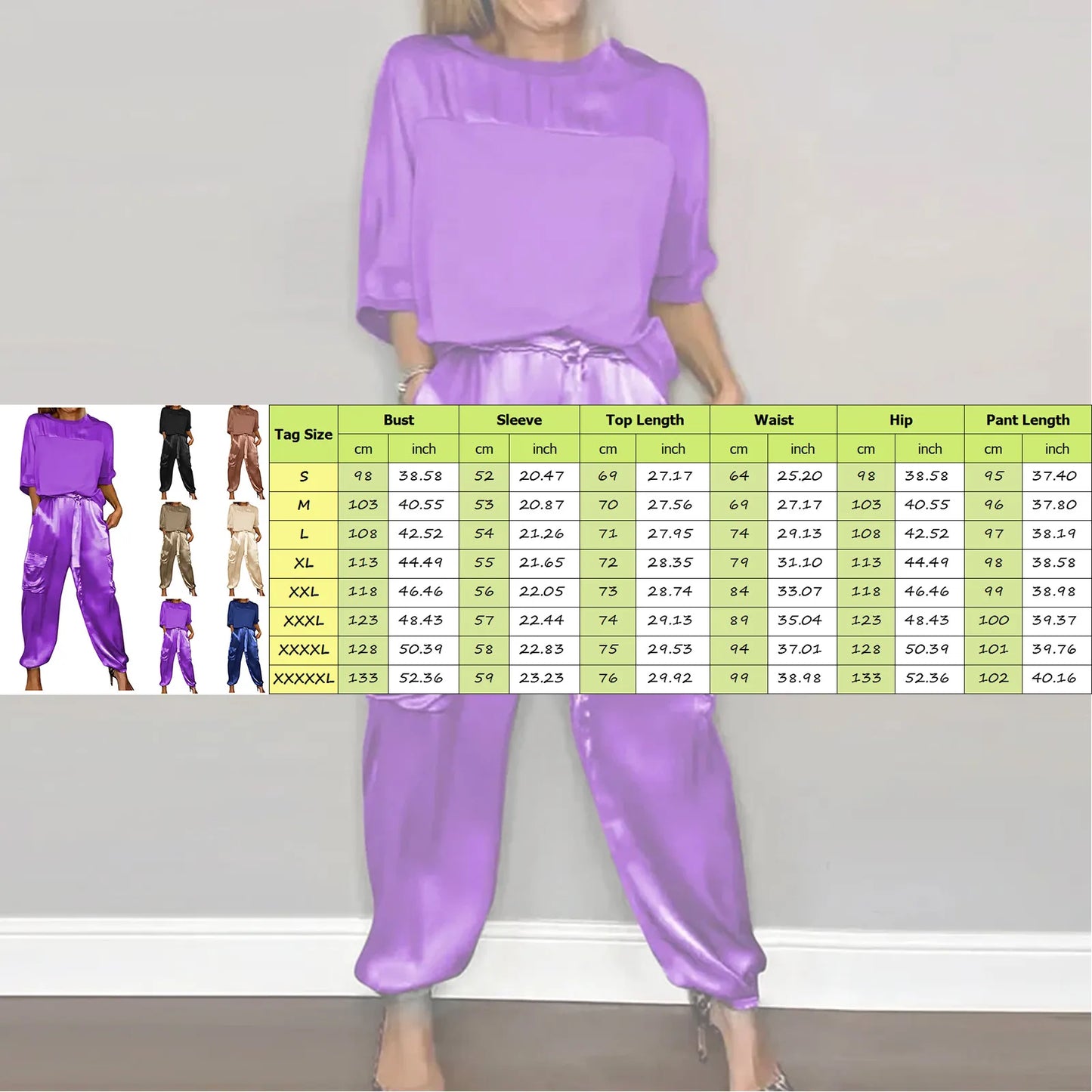 Women's Smooth Satin Short-sleeved Top and Pants Two-piece Set Spring O-neck Lace Up Outfits Summer Sleek Elegance Leisure Suit