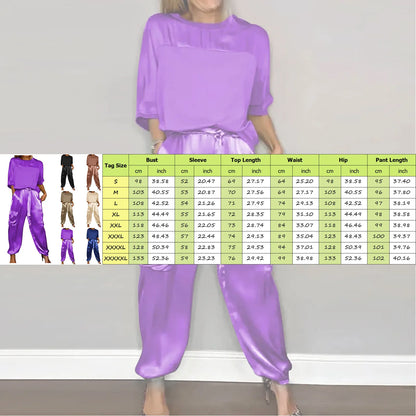 Women's Smooth Satin Short-sleeved Top and Pants Two-piece Set Spring O-neck Lace Up Outfits Summer Sleek Elegance Leisure Suit