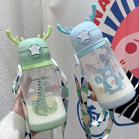 1pc 600ml Antler Water Sippy Cup Portable Kid Creative Cartoon With Straw Leakproof Water Bottle Outdoor School Child Drinkware