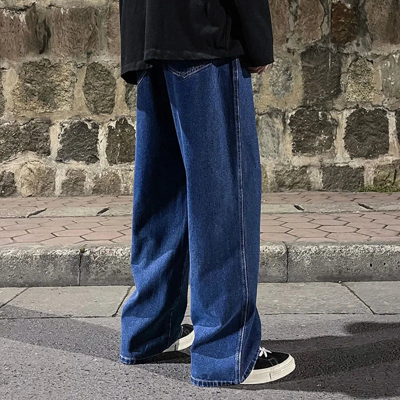 Korean Fashion Men's Baggy Jeans Elastic Waist  Classic olid Color Straight-leg Denim Wide-leg Pants Male Light Blue Grey Black