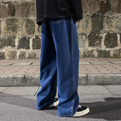 Korean Fashion Men's Baggy Jeans Elastic Waist  Classic olid Color Straight-leg Denim Wide-leg Pants Male Light Blue Grey Black